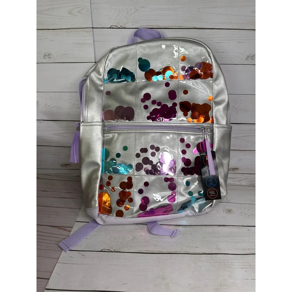 Wonder Nation Silver Metallic Sequin 17‎ Inch Backpack Laptop Sleeve Reflective